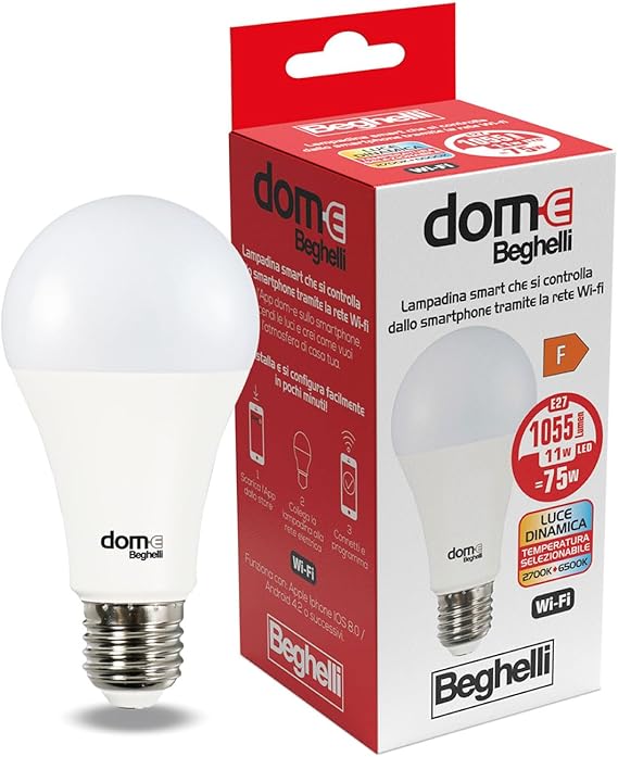Beghelli - Lampadina LED E27 Dom Smart GOCCIA 11W CCT WiFi, Compatibile con Alexa e App, Regolazione Colori, Luce Calda e Fredda, Controllo Vocale, Smartphone, Domotica Facile - Bianco, 1 Unità