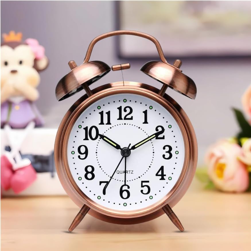 Twin Bell Table Clock - Metal Frame Alarm Clock with Night Backlight, Silent Motion, Analog Display, High Volume for Heavy Sleeper Alarm for Office, Bedroom, Living Room (Copper)-image-12