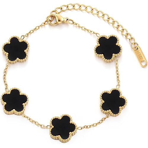 TICVSS Four Leaf Clover Bracelet for Women 18K Gold Plated Stainless Steel Lucky 4 Leaf Gold Link Bracelet Jewelry Gift for Women