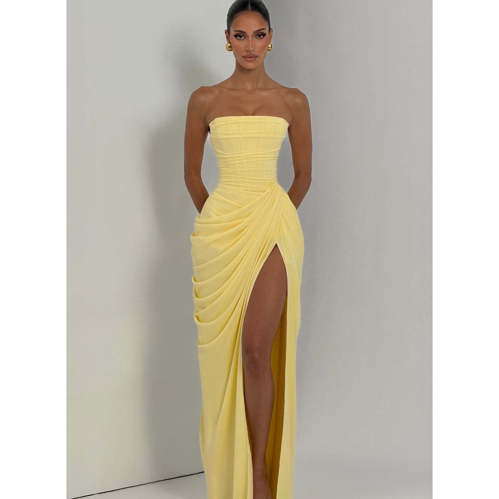 Vestido elegante con volantes y abertura para mujer, de poliéster, elástico, para fiestas, sin mangas, vestido formal sin tirantes