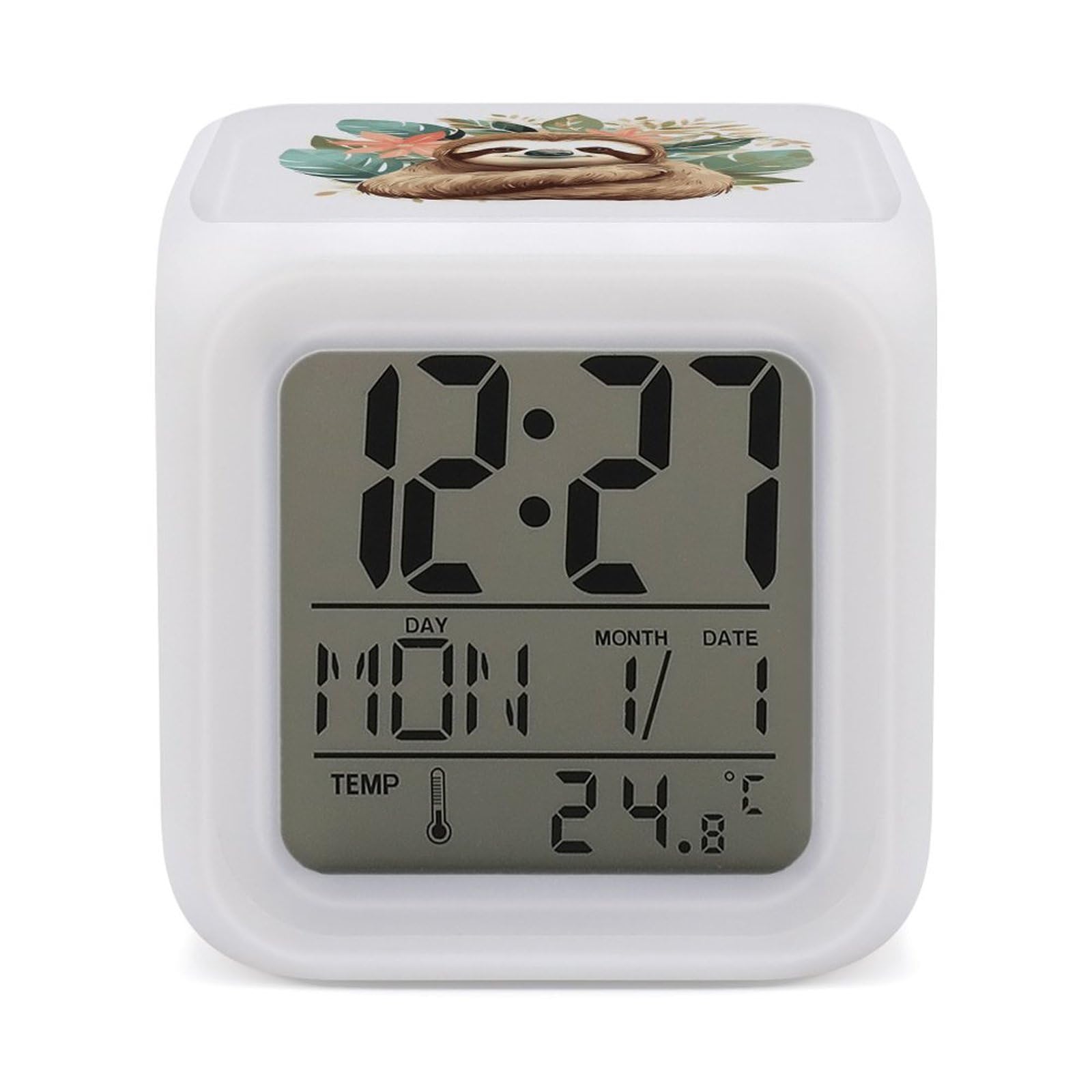 JTREHY Cute Sloth Leaves Alarm Clock Digital Dimmable Clock for Bedroom LED Display Screen Mini Clocks 7 Color Dimmable Night Lights Time-to-Rise Alarm Clocks for Office Living Room