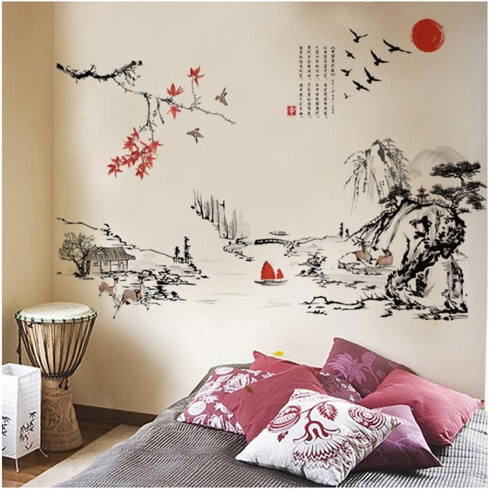 Pegatina De Pared Calcomanía De Pared Pintura De Tinta De Estilo Chino Paisaje Vinilos De Pared Grandes Removibles Sala De Estar Oficina Sala De Estudio Murales Decoraciones Artísticas