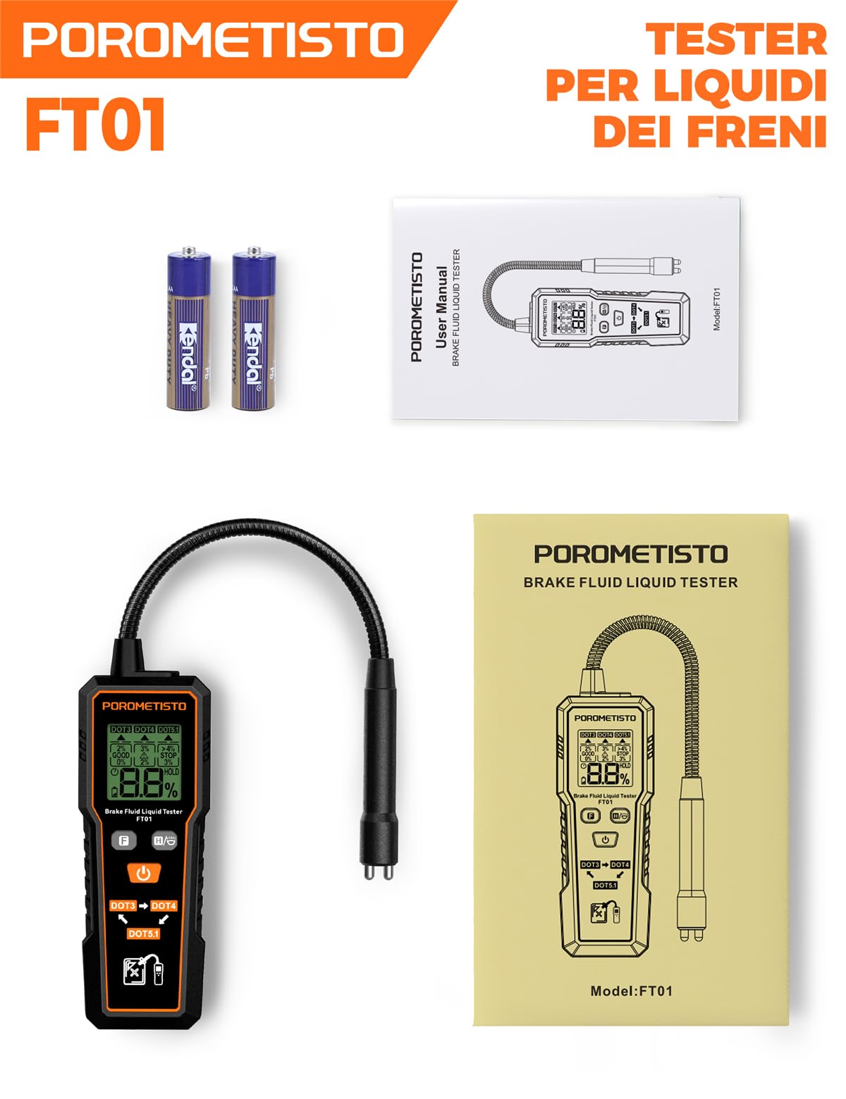 FT01 Tester per Liquido Freni Professionale con Sonda Anticorrosione e Sensibile per DOT3 DOT4 DOT5.1, Display LCD con Retroilluminazione, Tester Liquido Freni Professionale