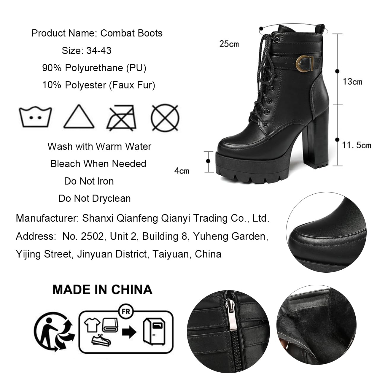 Mujer Botines Militares De Tacón Grueso Y Plataforma Cordones Punta Redonda Botas De Combate