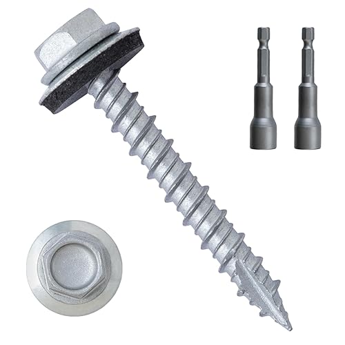 Miniatura 1 de LIONMAX Tornillos de metal para techos #10 × 1-12 pulgadas, 400 unidades, tornillos de techo de chapa hexagonal chapados en zinc, arandela de goma,