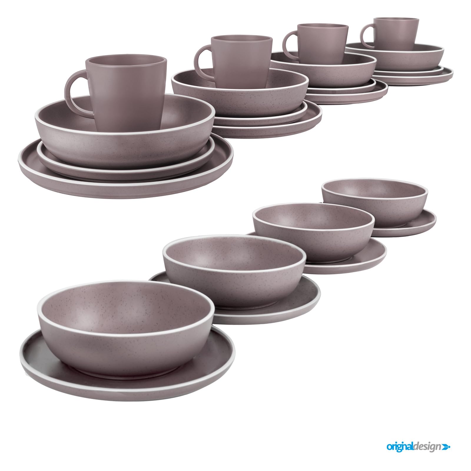 BRUNNER Melamin Geschirr-Set Camping 16-Teilig DOLOMIT Lunch Box Stapelbar | Antislip (Antirutsch), 2-4 Personen, wie Steingut (StoneTouch), Bruchfest, Teller & Kaffe-Becher, Wohnmobil Wohnwagen Boot
