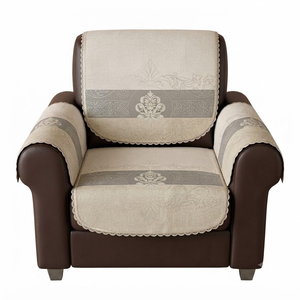 Premium Sofa Cover Set for Living Room Furniture | Soft Fabric Anti-Slip Couch Protector | Elegant Lace Border Sofa Seat & Armrest Cover (Light Gray.., 1 Seater)-image-1
