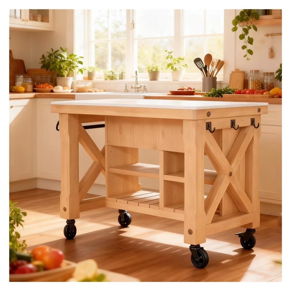 Carrello da cucina Isola della cucina con rotelle for fattoria, cassetti e ripiani superiori in legno massello e pietra(S)