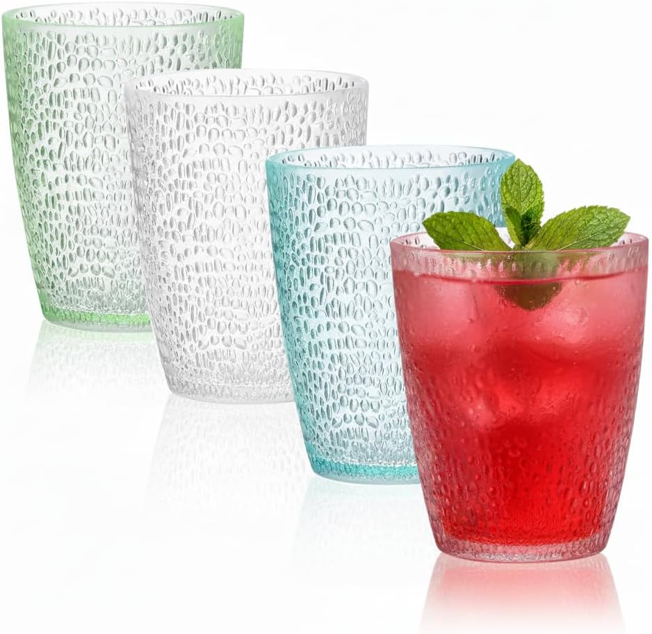 4 PCS Colored Plastic Drinking Glasses, Reusable Acrylic Drinking Cups, Stackable Glasses Drinkware, Unbreakable Water Tumblers, BPA Free, Dishwasher Safe, 290 ML/10 OZ (4 Colors)