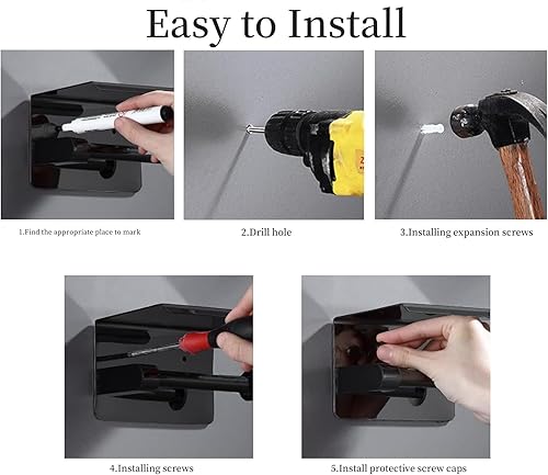 Miniatura 6 de Moderno juego de toalleros de papel higiénico empotrables de color negro mate, soporte de pared de metal duradero para ahorrar espacio, diseño de