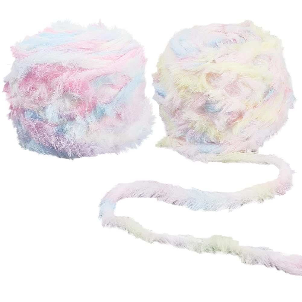 2 Rolls 128M Fluffy Faux Fur Yarn Soft Touch Bulky Fuzzy Plush Colorful Fancy Thread Chunky Velvet Blanket Yarns for Crocheting Knitting Sweaters Hats Scarves Rug Diy Craft Supply