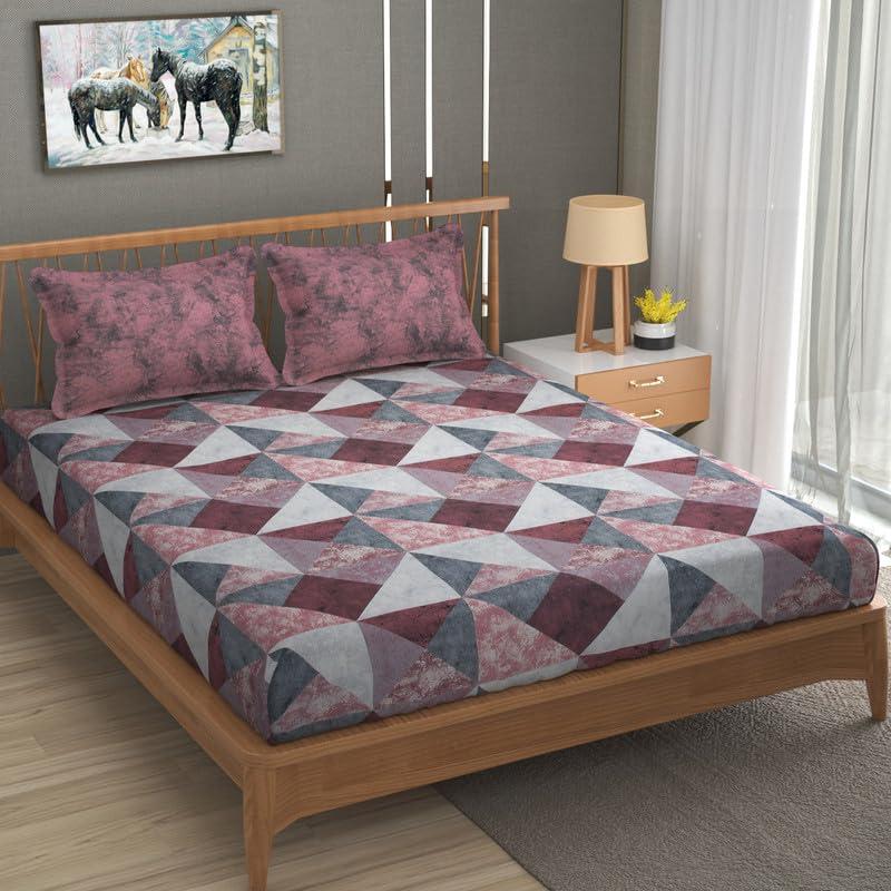 Image of Mafatlal 186 TC Cotton Bedsheet King Size | 108 x 108 Inches | Soft Cooling Summer Bedding | Breathable Skin Friendly Fabric with 2 Pillow Covers | Autumn Delight | Rose Wine