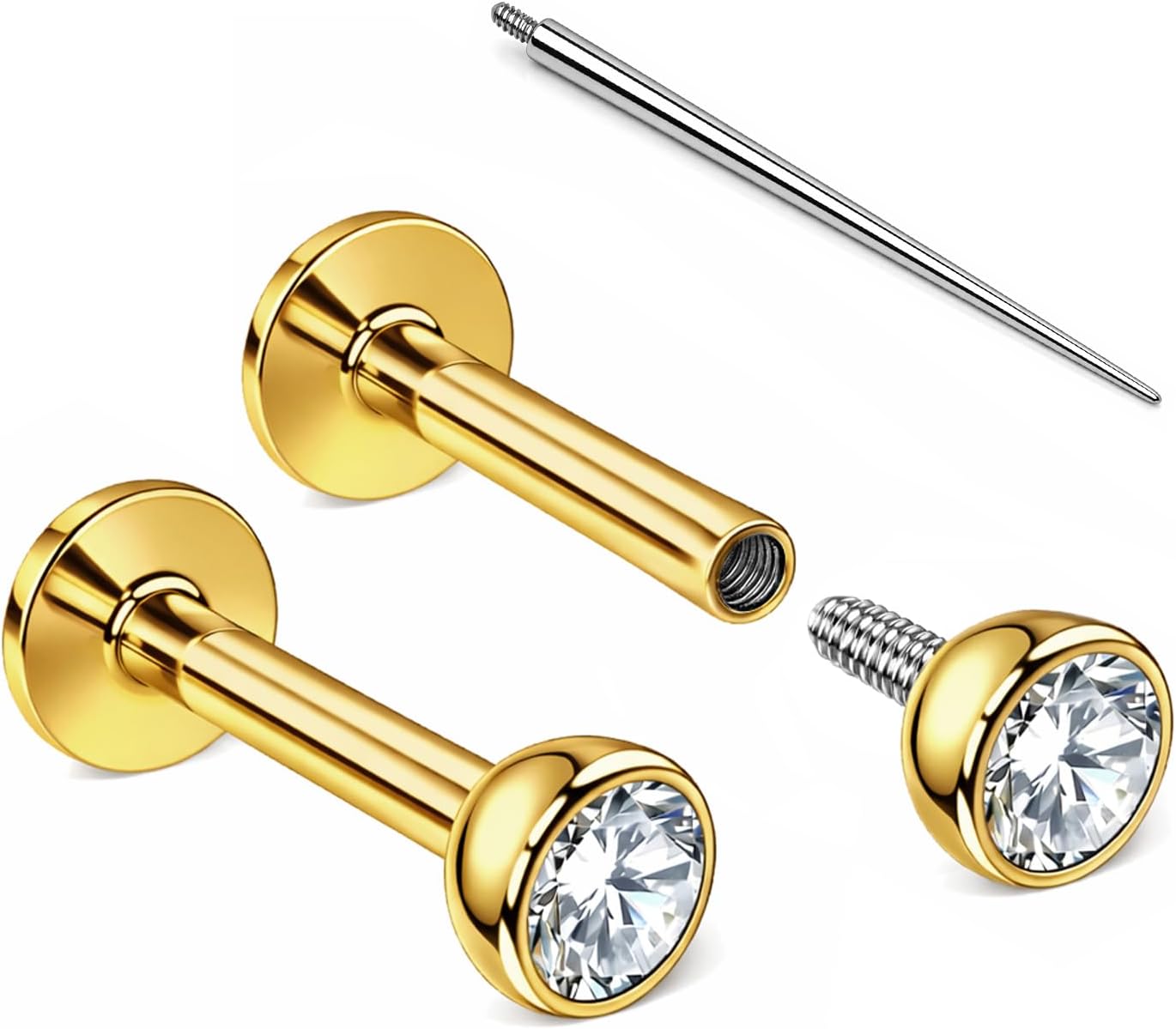 Internal Thread Earrings Flat Back Studs for Nose, Helix, Cartilage, Tragus, Conch, Labret, Medusa, Monroe, Lip Piercing Jewelry for Women - 316LVM Surgical Steel, AAAAA Cubic Zirconia (2pcs + Taper)