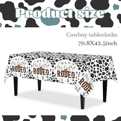 Miniatura 4 de CMUSKO 3 manteles de plástico con texto en inglés My First Rodeo, decoraciones de vaquero, para baby shower, estampado de vaca azul, desechables,