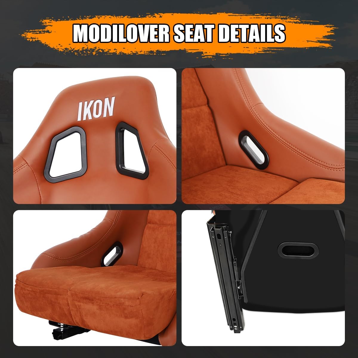 Racing Bucket Seats, Universal Fixed Back Sport Shell Seats with Dual Slider & Side Mount Brackets, Suede & PU Leather, 1 Pair, Brown