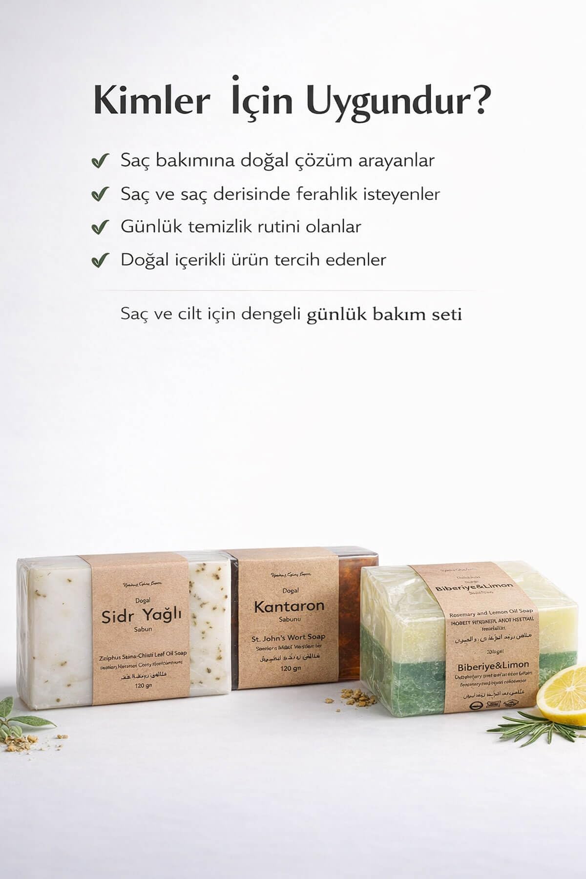 Saç ve Saç Derisi Bakımı için Onarıcı Doğal Sabun Seti, Kepek Karşıtı, Sidr Kantaron Biberiye Limon