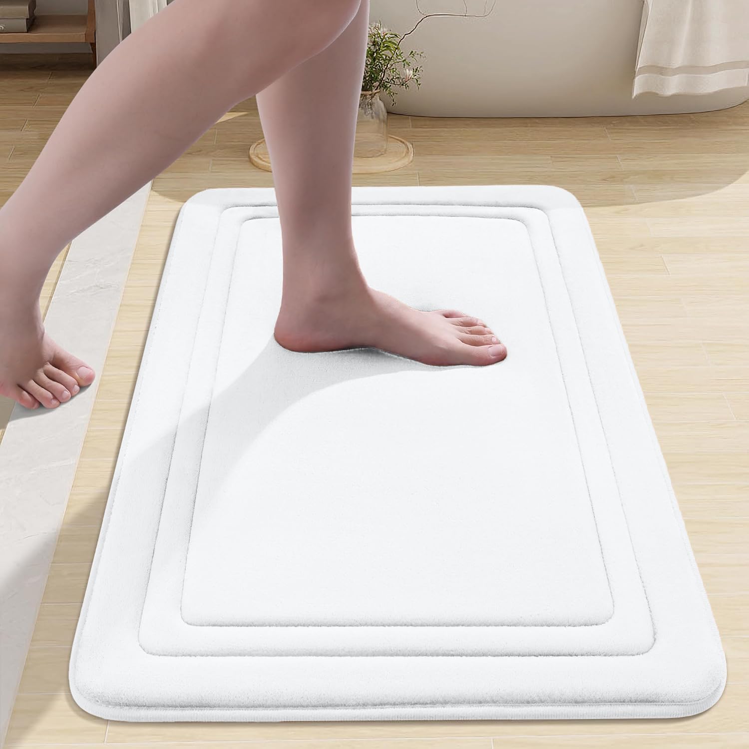 smiry Memory Foam Bath Mat - 40 x 60cm, Non-Slip, Super Absorbent, Comfortable - Machine-Washable Floor Rug, White