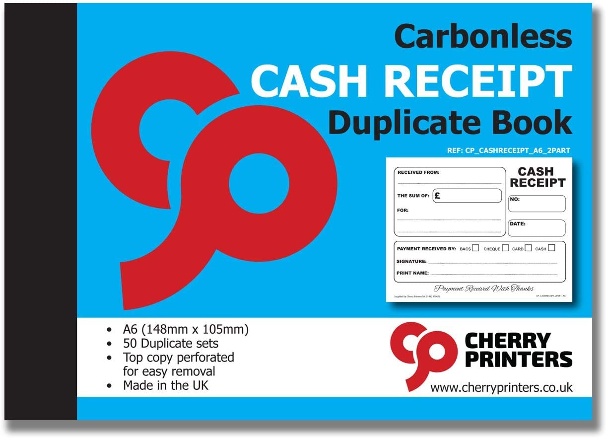 Cherry Printers | Carbonless Cash Receipt Book 2pt A6 | Duplicate NCR Receipt Book | 50 Duplicate Sets | No Carbon Required (NCR) | Perforated Tear Out Receipts | Small Business Receipt Pad**20 Pack**