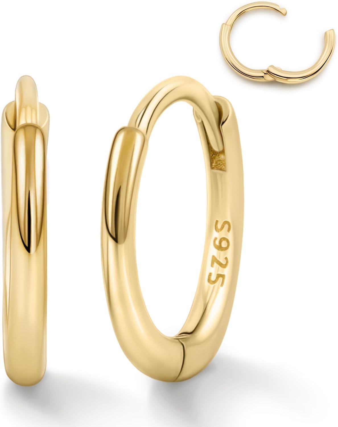 14K Gold Plated 925 Sterling Silver Tiny Hoop Earrings, Thin Small Huggie Hoops, Hypoallergenic Lightweight Cartilage Earrings for Women Men, Multiple Piercings (6mm, 8mm, 10mm, 11mm)