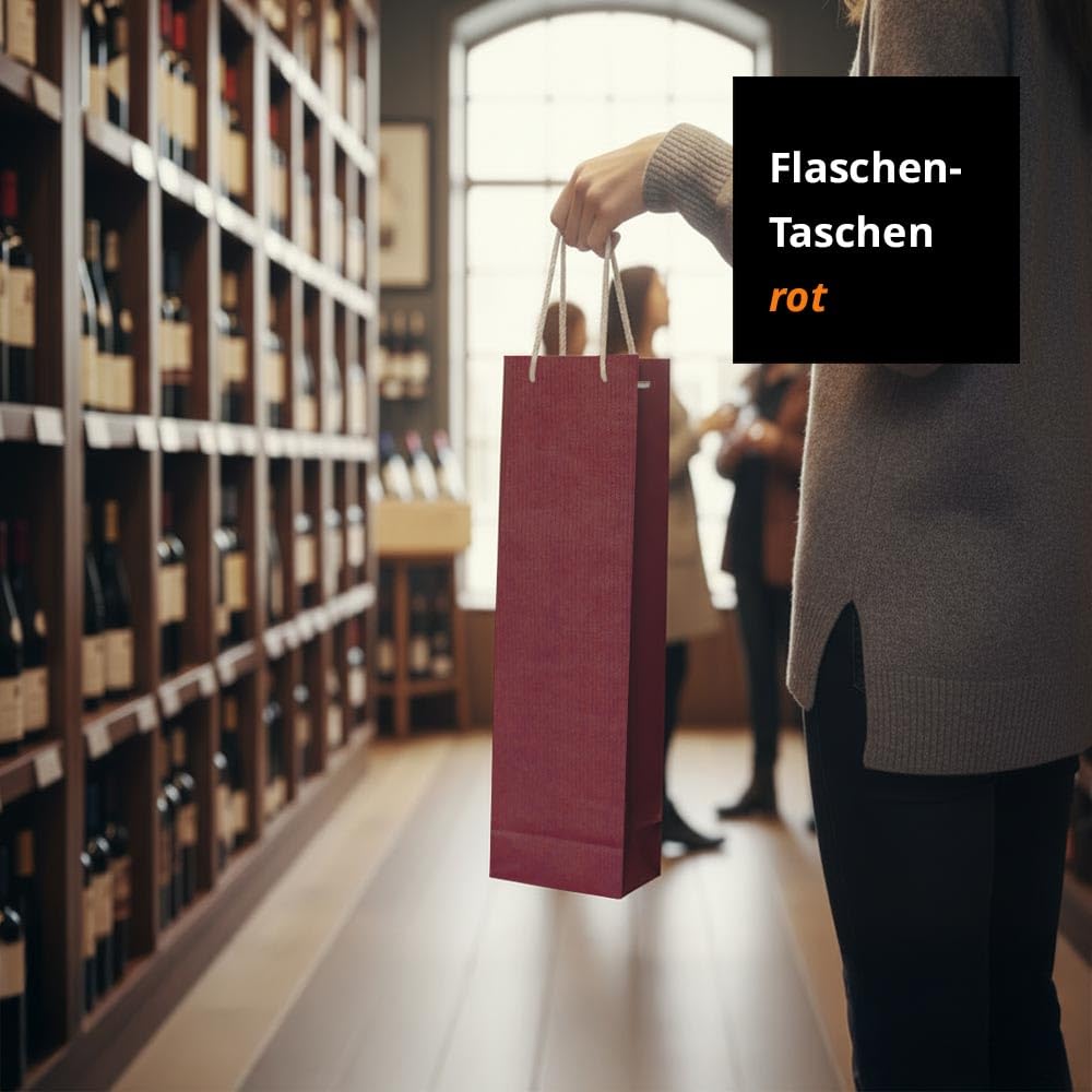 100 x Flaschentaschen rot 9,5+6,5x38 cm | Flaschentüten | Geschenktüte Flasche Wein | Weintaschen | HUTNER