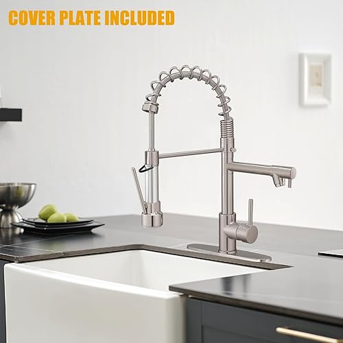 Miniatura 2 de BESy Grifo de cocina con rociador extraíble, mango único de arco alto, resorte de una sola palanca, grifo de fregadero de cocina con rociador