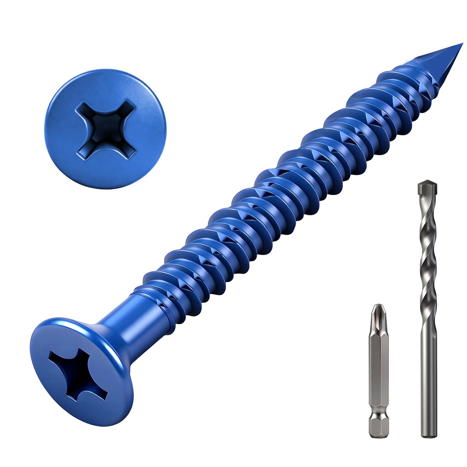 ddckj 43Pcs M6.5 x 57mm Concrete Screws Blue Flat Head Masonry Screws for Brick Wall Cement Block Wood Installation Masonry with Screwdriver Bit and Drill Bit