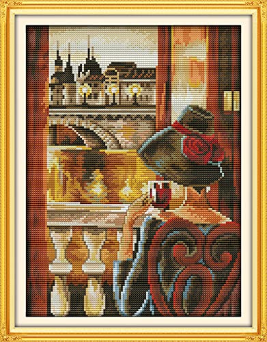 Kit point de croix pré-imprimé 11CT complet broderie femme à la fenêtre 40 * 50cm