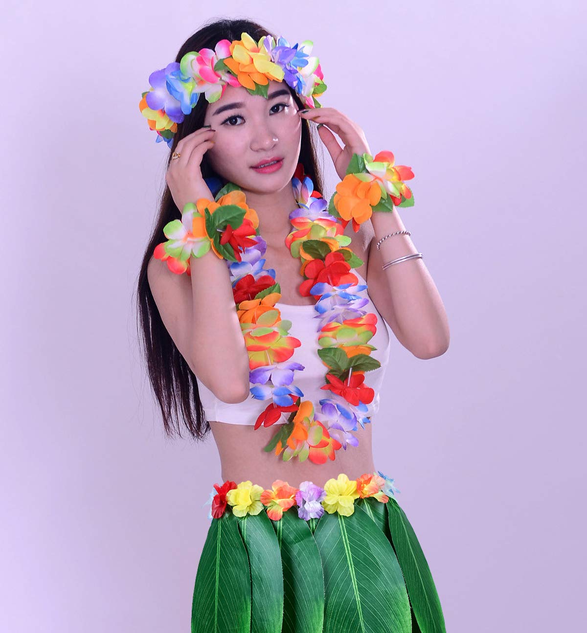 Zestaw 5 listków hula rock i hawajski zestaw Leis, hula Rock + kwiatowa opaska na czoło + 2 kwiaty bransoletki + girlanda na szyję, kostium na imprezę Hula Luau dla kobiet i dziewcząt