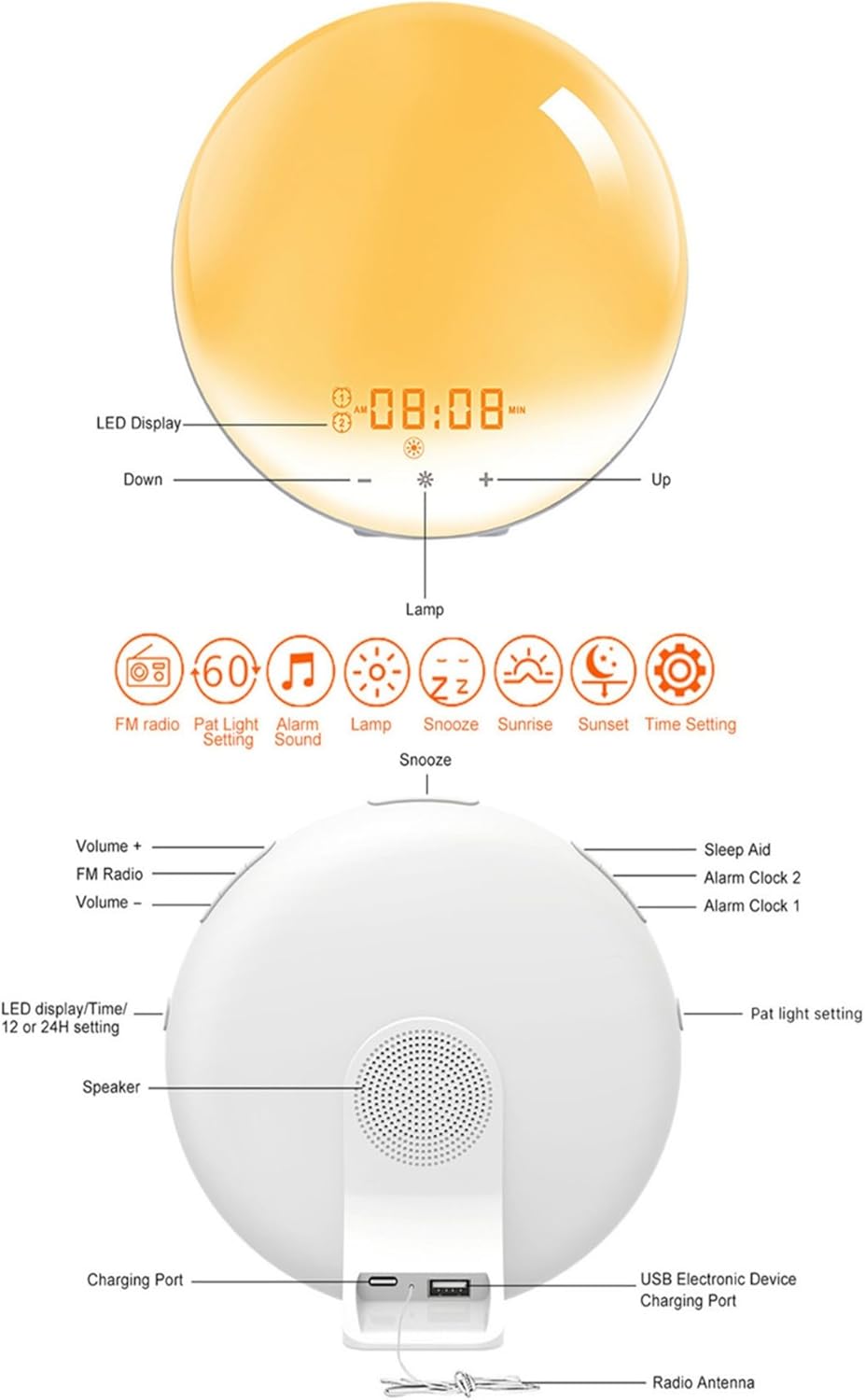 Sunrise Alarm Clock for Kids Heavy Sleepers Adults, Wake Up Light Alarm Clocks for Bedrooms with Dual Alarms, Sunrise Simulation, FM Radio, Sleep Aid, Snooze, 7 Colors, 7 Natural Sounds