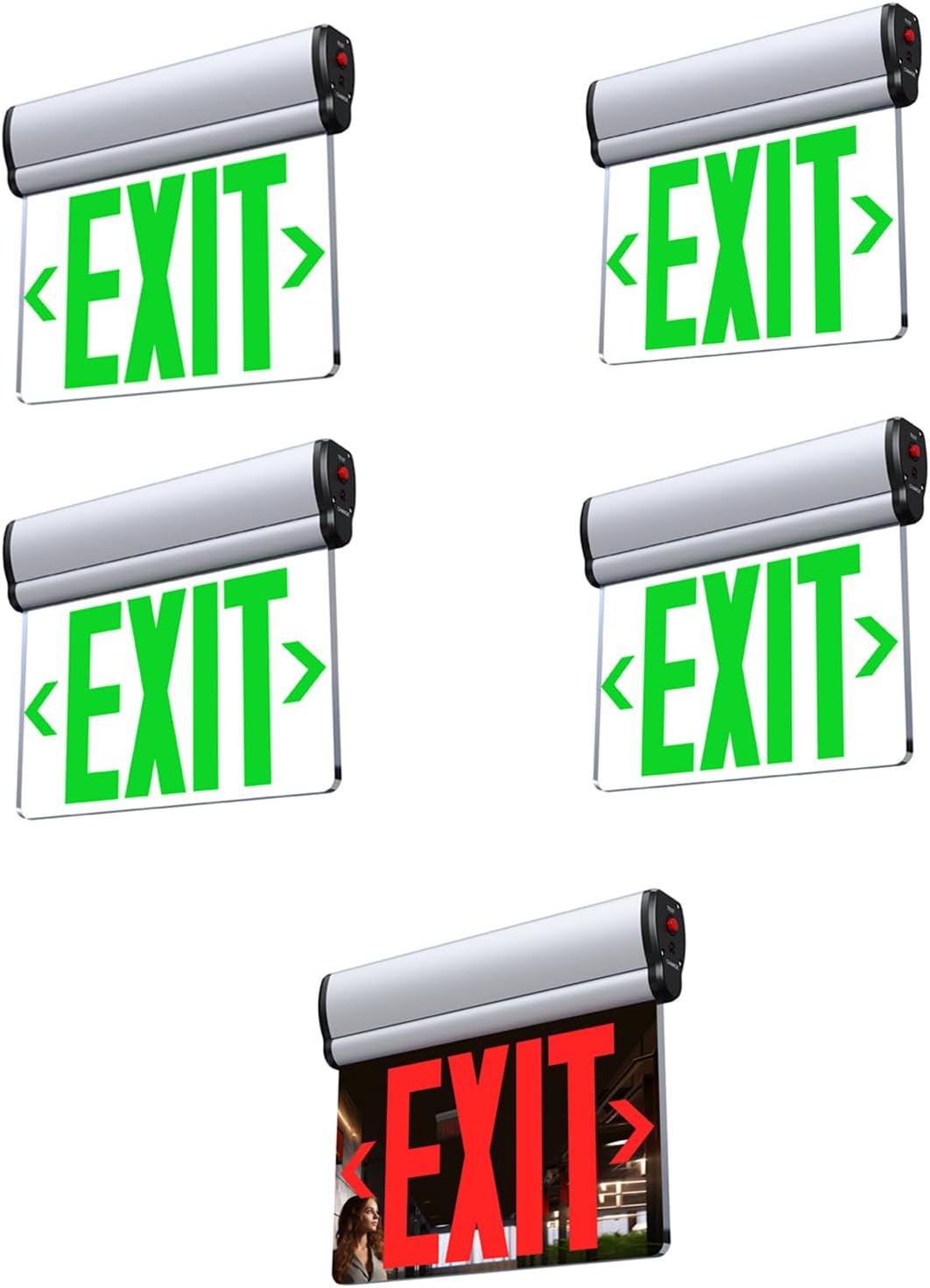 4 Pack Green Led Edge-Lit Exit Sign, Double-Sided Mirrored Rotating Acrylic Panel Bundle 1 Pack Red Double-Sided Mirrored Rotating Acrylic Emergency Exit Signs with Battery Backup