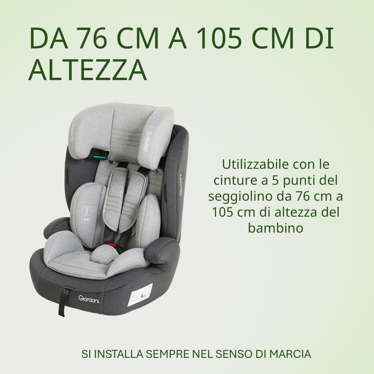 Giordani Adonis Silla de Coche 76-150 cm i-Size, Homologada R129/03 con Arnés de 5 Puntos y Reductor Ergonómico, Reposacabezas Ajustable y Sistema Harness Retainer, Evolutiva para Niños 15-36 kg