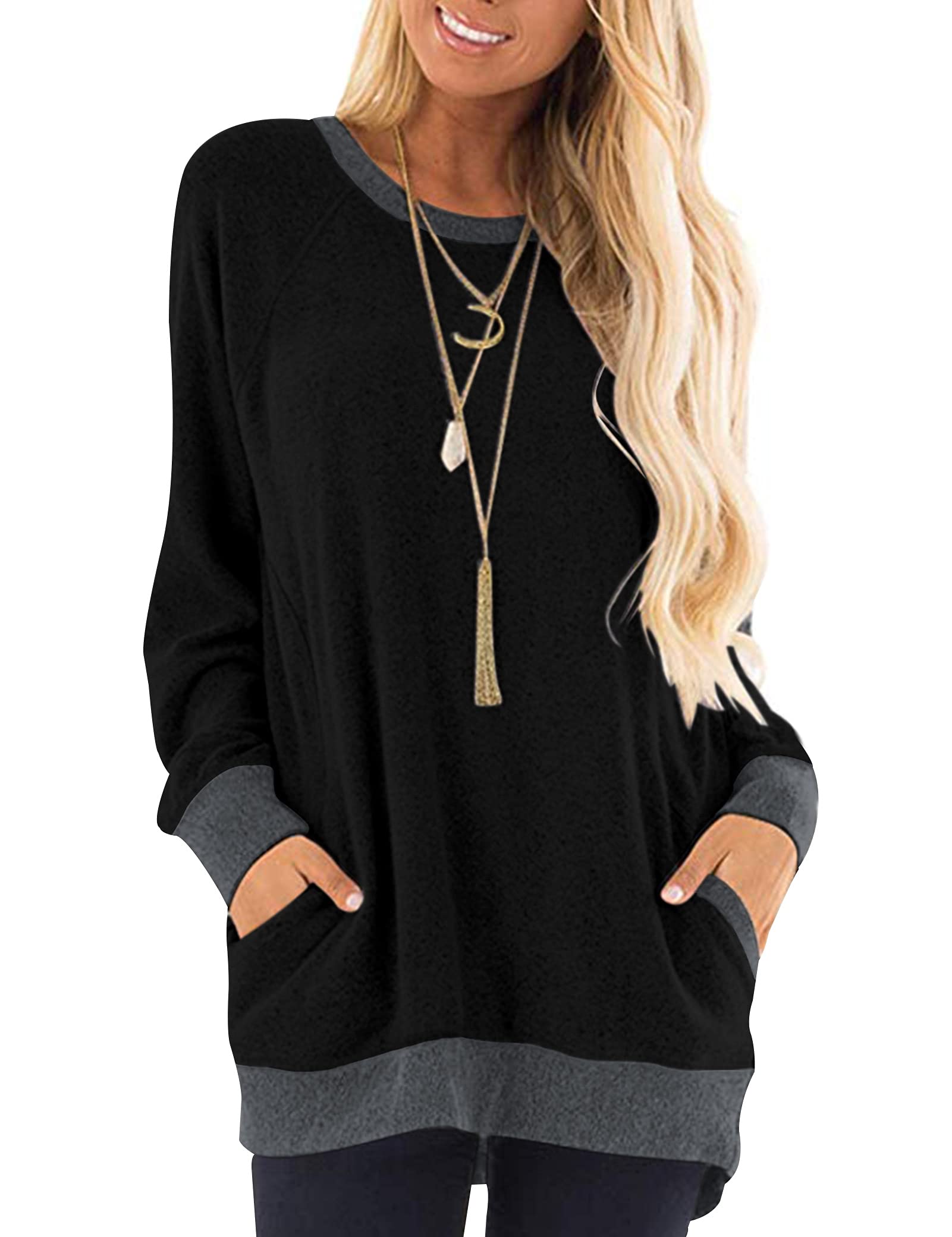 MISFAYWomens Casual Long Sleeve Round Neck Pocket T Shirts Blouses Tunic Sweatshirt Tops with Pocket