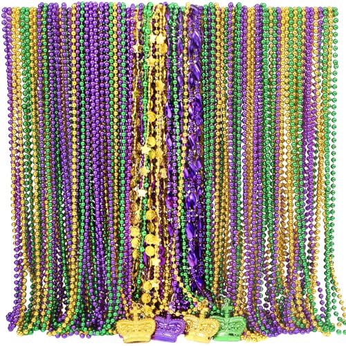 Guhiwuk 100 Pcs Mardi Gras Beads, Bulk Gold Purple Green Metallic Mardi Gras Beads Necklaces for Carnival Parade Decorations, St Patrick Day Celebrations Accessories, Themed Party Favors