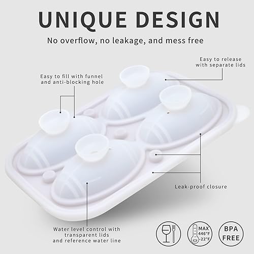 Miniatura 2 de Moldes de bolas de rugby 3D, bandejas de cubitos de hielo de silicona negra, 4 moldes grandes de bolas de hielo con tapa, de fácil liberación, sin