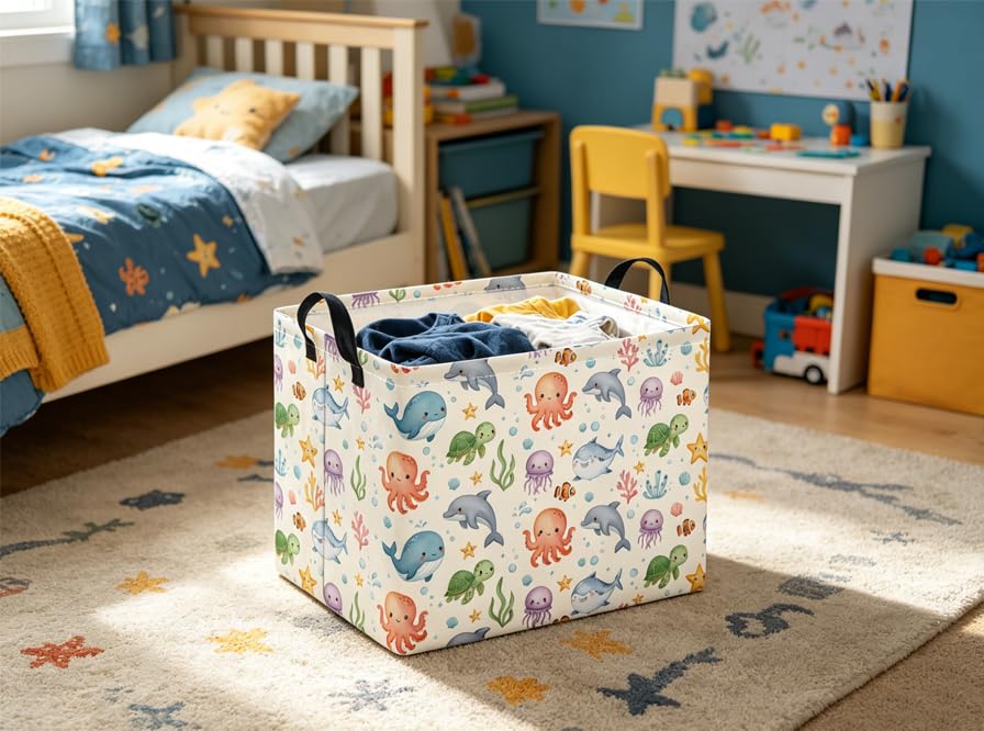 Image of Rectangular Baby Kids Storage Basket for Home Kitchen Girls Cute Toy Storage Bin Organizer Shelf Book Room Decor(Cute Ocean)