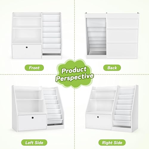 Miniatura 8 de TOETOL Estantería para niños, organizador de almacenamiento de libros, estante de madera para libros de 6 eslingas para niños, estantería de 3