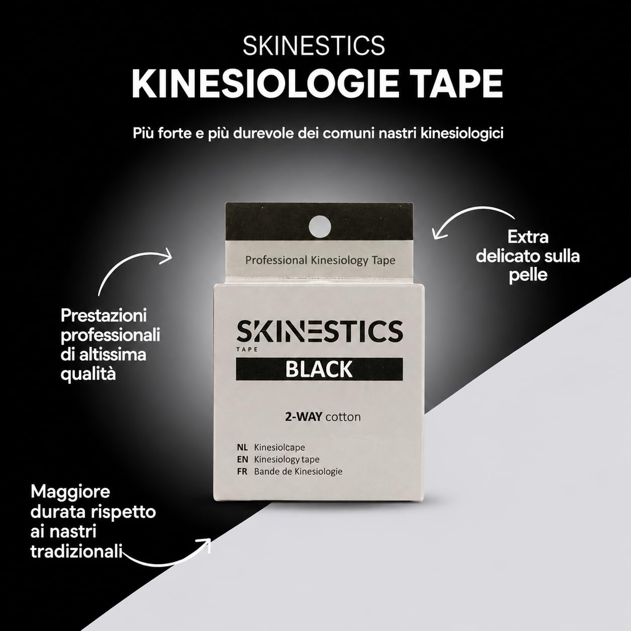 Skinestics Nastro Kinesiologico 4-Way Nero | 3 Rotoli | 5cm x 600cm | Taping Sportivo Ginocchio | Tape Impermeabile | Cerotto Taping Fisioterapia | Kinesio Taping Neuromuscolare | Cerotti Colorati