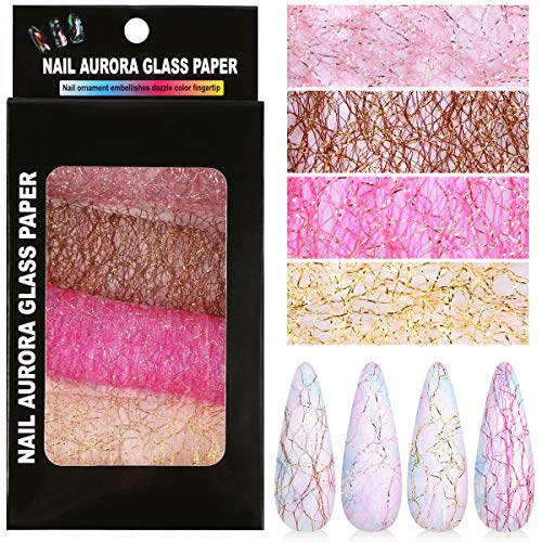 Mesh Nail Art Sticker, KISSBUTY 4 Colors 3D Mesh Nail Decals Net Line Tape on Nails Holographic Mesh Nail Adhesive Stickers Silk Foil Nail Art Decor Manicure, Gold Coffee Pink Red Gold
