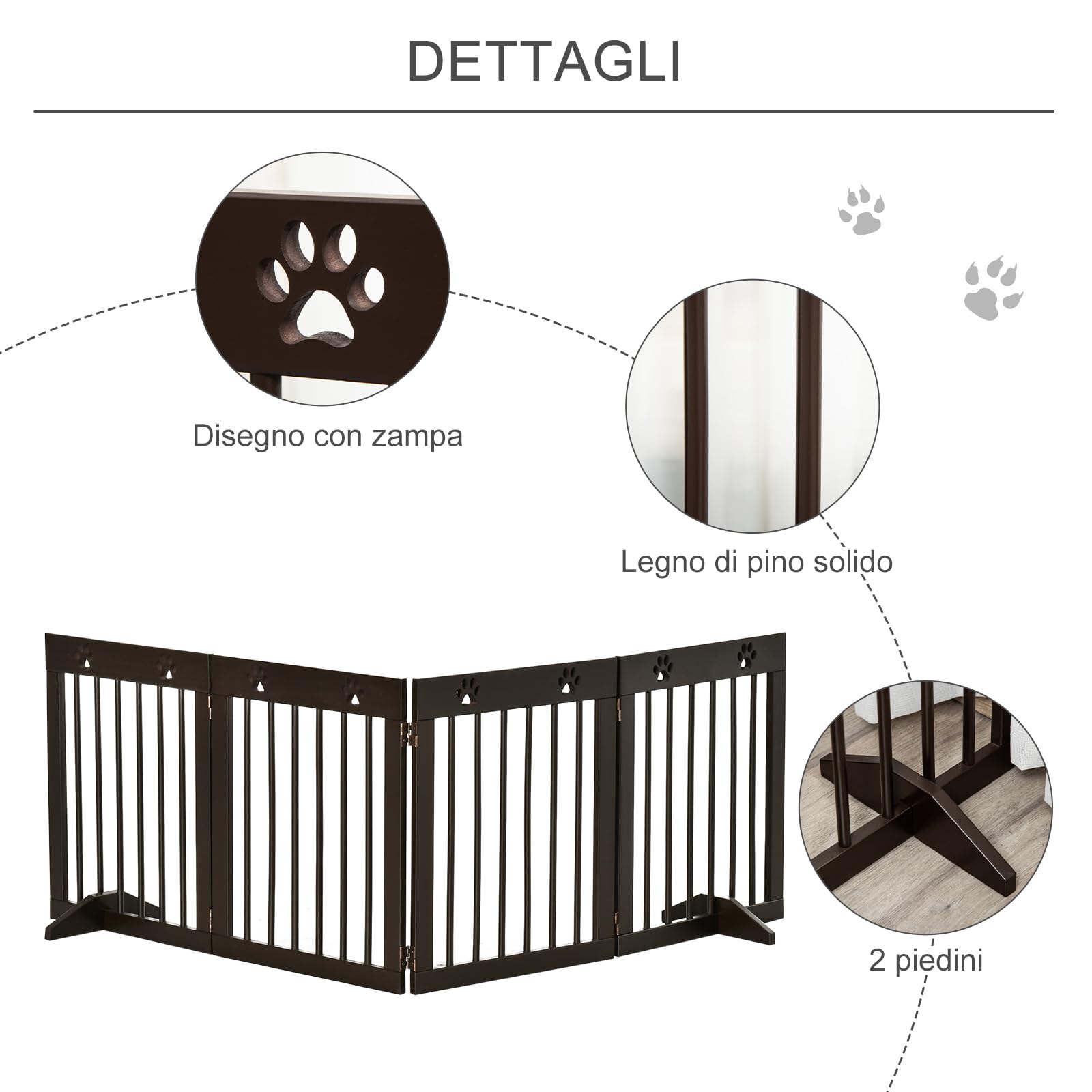 PawHut Cancellino per Cani Taglia Piccola in Legno Pino 204x30x61cm Marrone | Pieghevole, Piedini Rimovibili, Cancelletto di Sicurezza