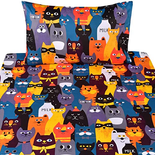 Scientific Sleep Big Cat Kitty Like Milk 100% Cotton Cozy Twin Bed Sheet Set, Flat Sheet & Fitted Sheet & Pillowcase Natural Bedding Set (Cat, Twin) #TOP2