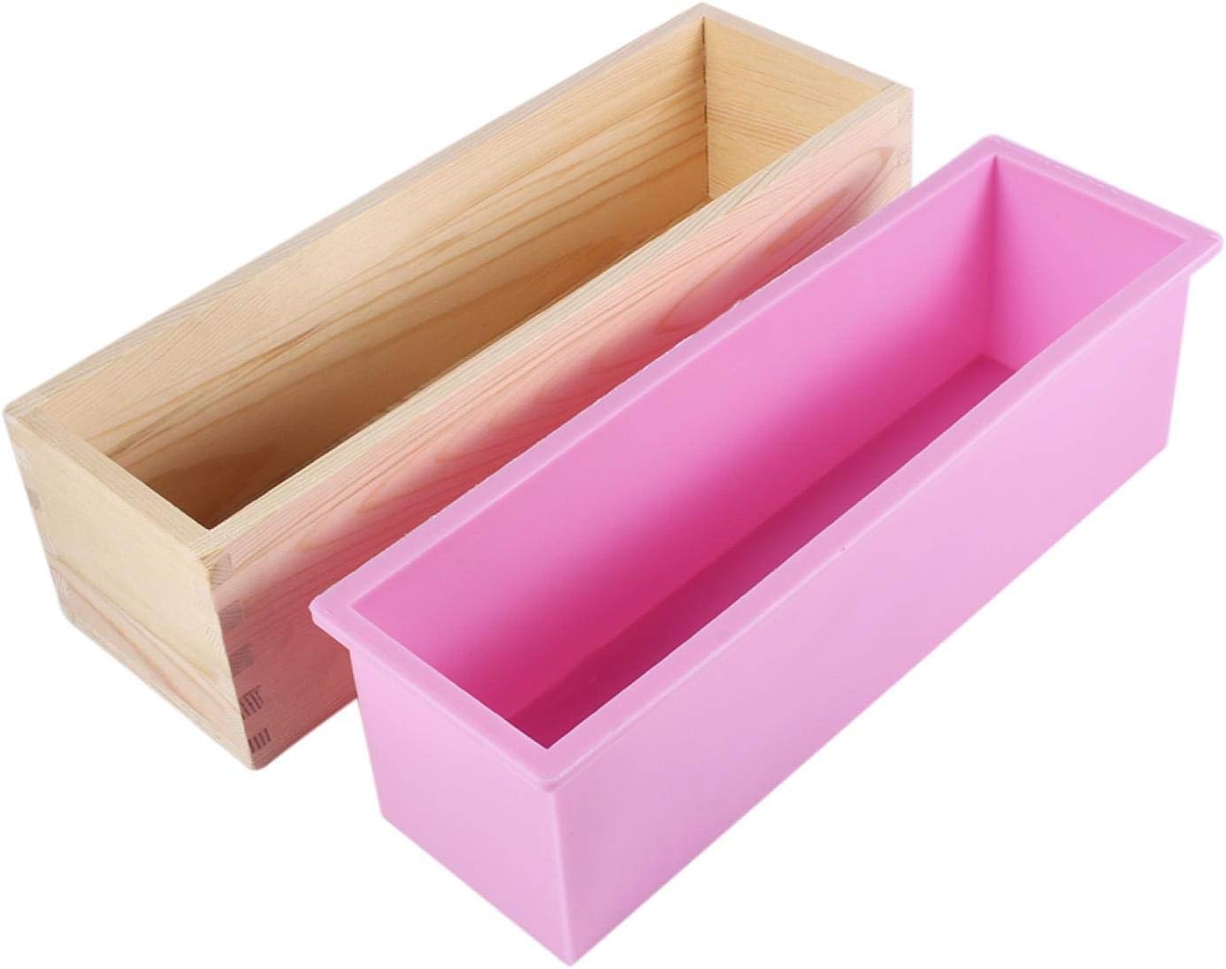 Flexible Rectangular Soap Silicone Mold with Wood Box for Homemade Silicone Liner Soap Mould Wooden Box DIY Making Tool Bake Cake Bread Toast Mold 900ml Pink Making Tools DIY for Industry