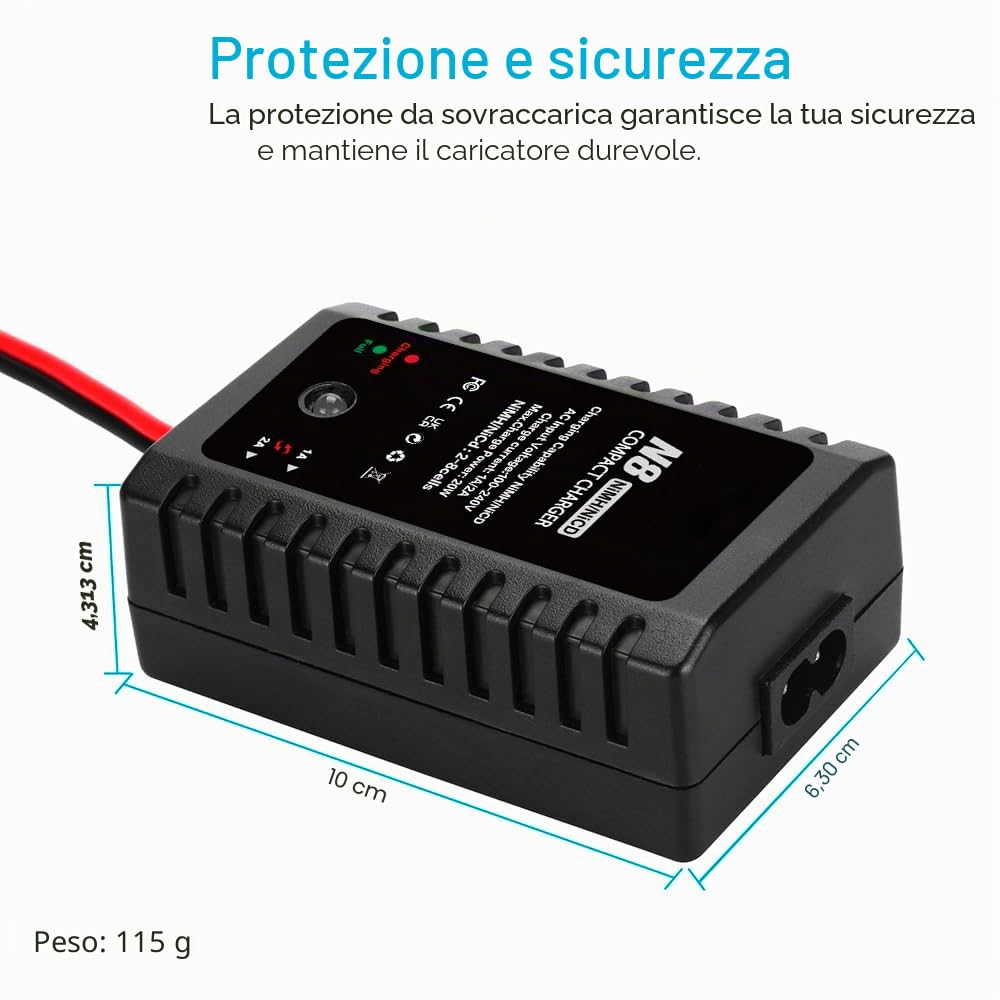Haisito Caricatore Lipo N8, 2 – 8 s, Smart NiMH/NiCd, con spina standard/mini 2,4 V/9,6 V; adatto per auto airsoft-RC, barche, droni RCA