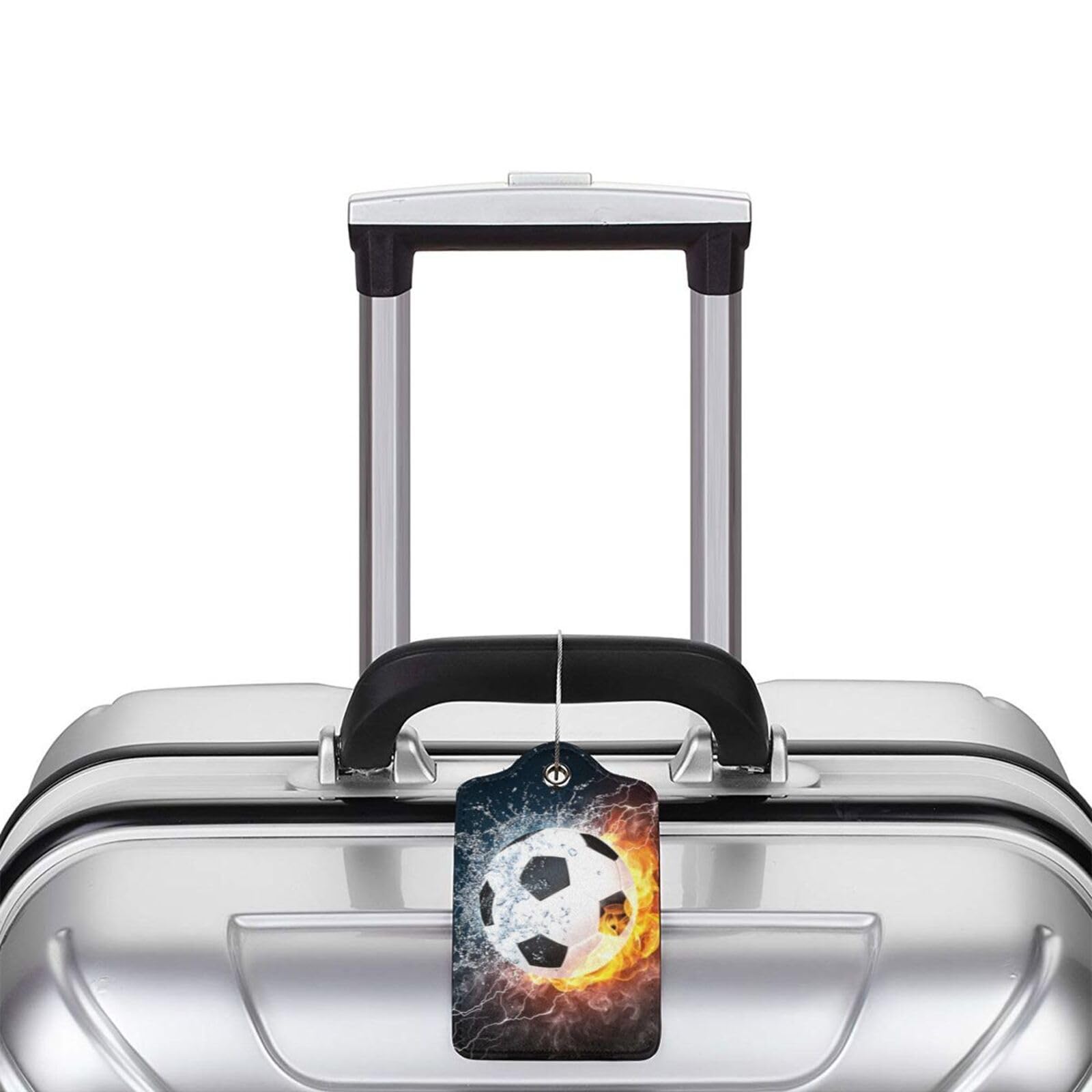 Paquete de 2 etiquetas de equipaje para maletas, etiqueta de equipaje de balón de fútbol, etiqueta de cuero de acero inoxidable para hombres y mujeres, bolsa de viaje (fútbol)