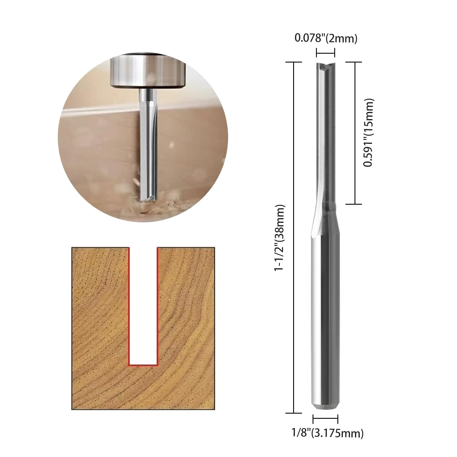 HOZLY Punte per fresa CNC dritte, codolo 1/8, diametro di taglio 2 mm, scanalatura dritta in carburo, fresa a 2 scanalature, in acciaio al tungsteno, 15 mm CEL/38 mm, OAL per la lavorazione del legno,