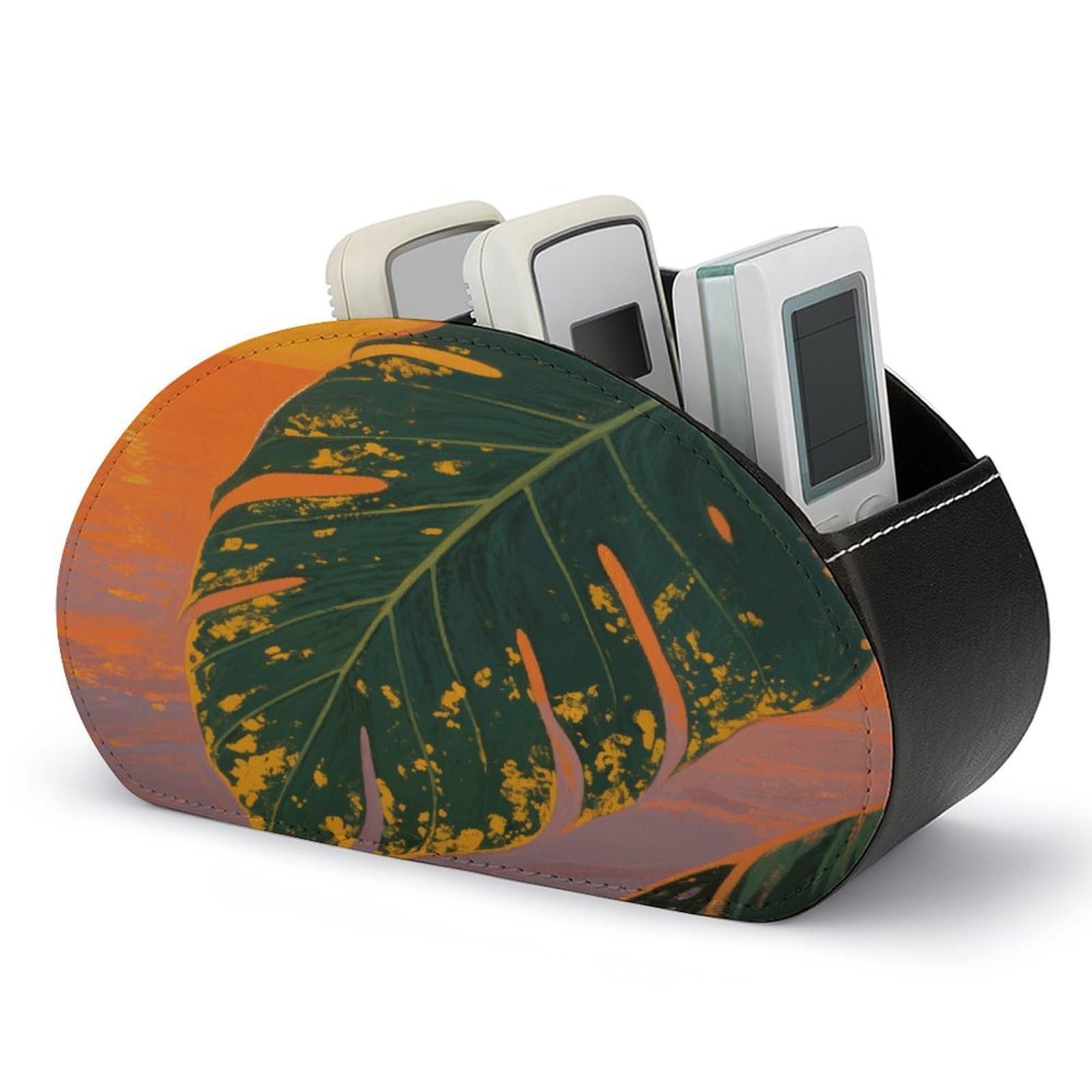 VstaDank Tropical Palm Leaves Remote Control Holder with 5 Compartments PU Leather TV Remoter Caddy Desktop Organizer TV Remote Holder Remote Box for Media Controllers Office Supplies