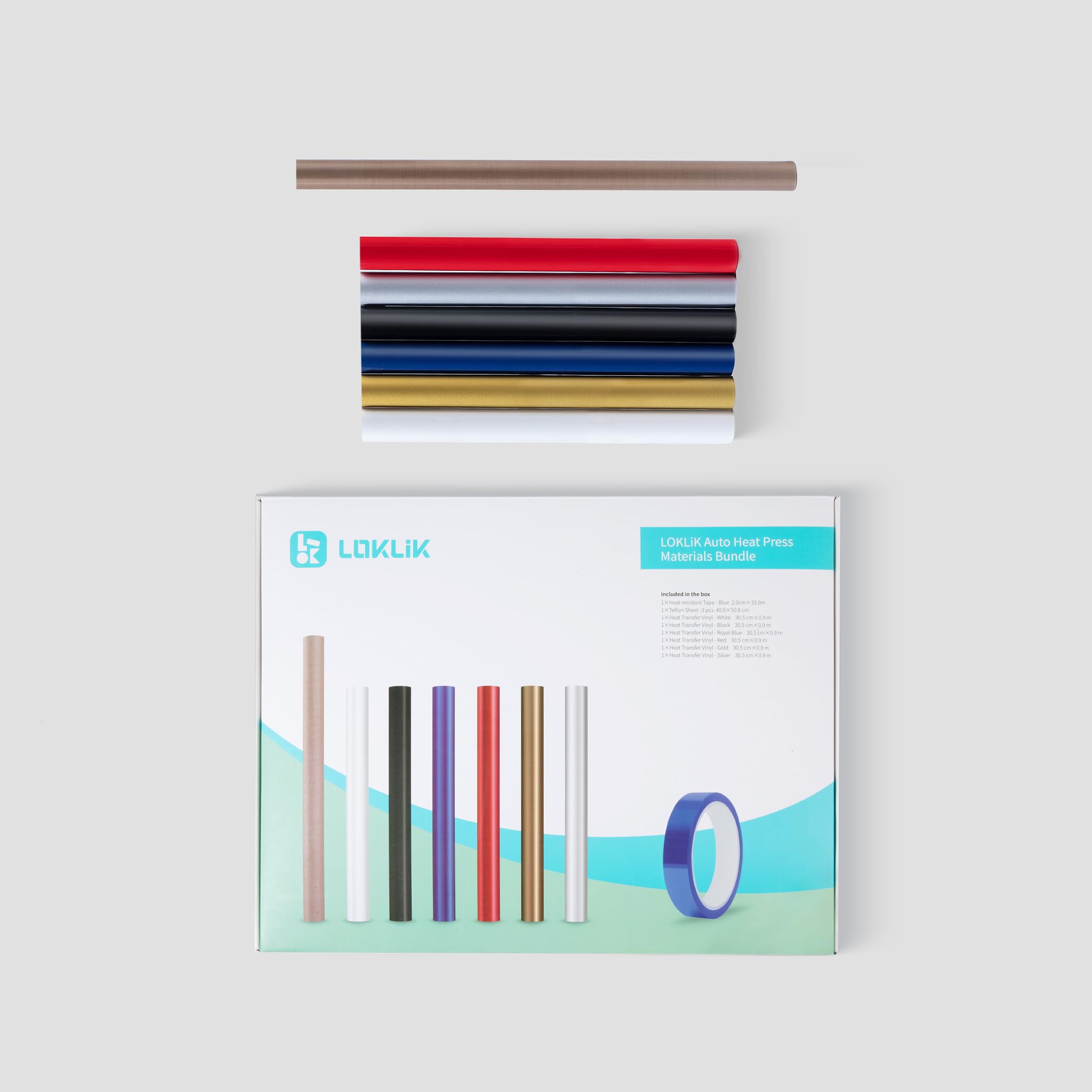 LOKLiK Starter Pack for Auto Heat Press & Auto 2 Smart – 6 Rouleaux de Vinyle de Transfert de Chaleur, 3 Feuilles de Teflon Sublimation – Kit Idéal pour Débutants et Experts en Impression Thermique