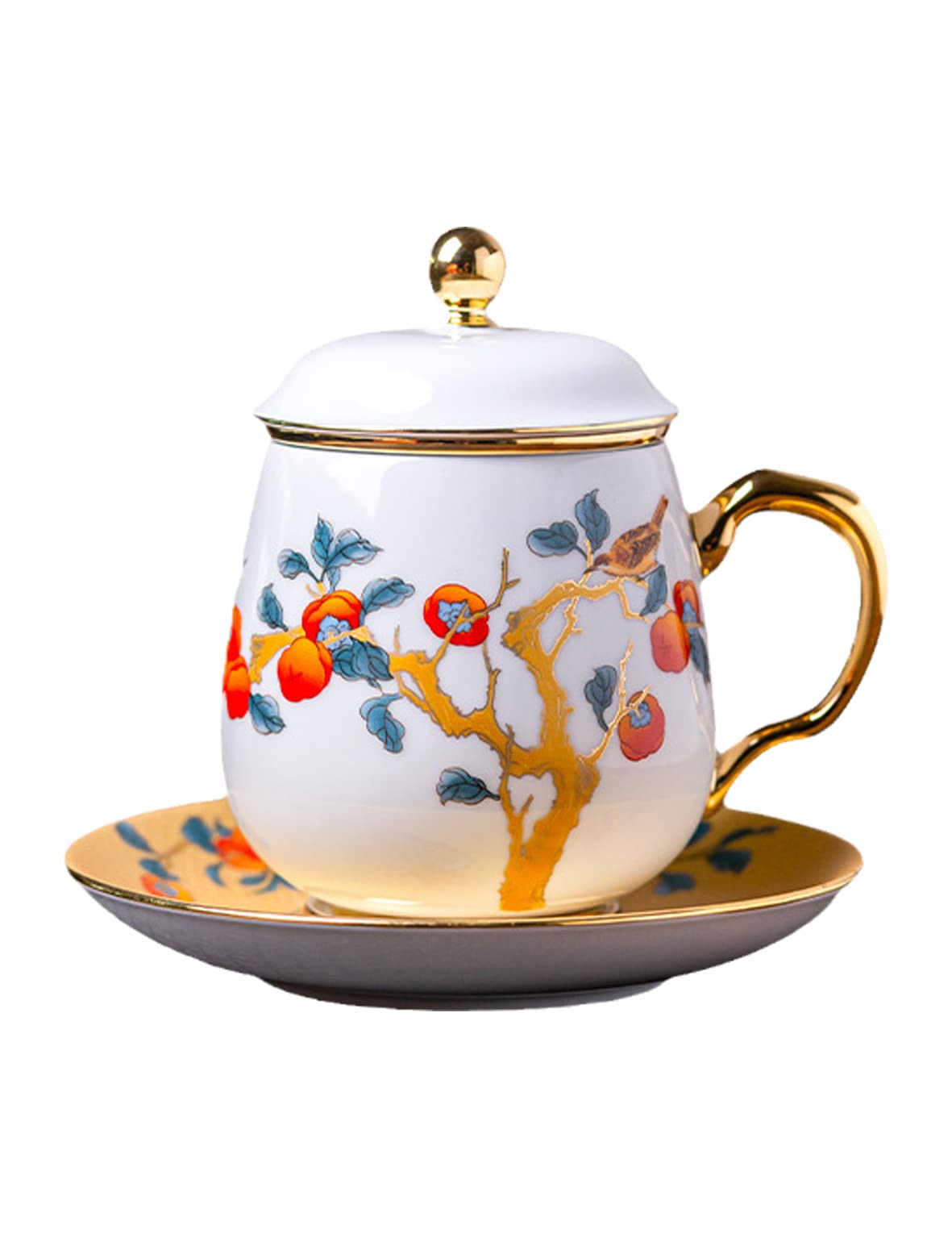 Moonetto Portable Chinese Ceramic Porcelain Tea Cup with Infuser Lid and Saucer Set - Chinese Jingdezhen Ceramics Coffee Mug Teacup Loose Leaf Tea Brewing System (Yellow)