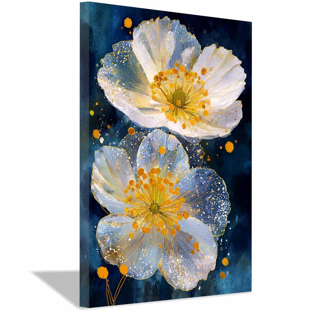 Hoqiu Multicolor Botanical Wall Art Golden Whites Poppy Art Pictures, Print Canvas Poster Decor For Living Room, Bathroom Canvas Art, For Bedroom Home Decoration.(Multicolor)-30X40cm Framed