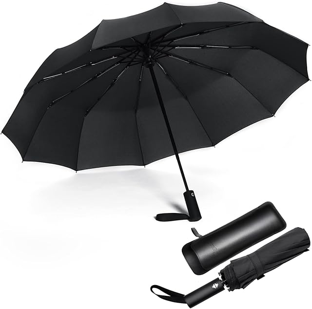 JIGUOOR 12 Ribs Folding Umbrella Windproof Compact Travel,Auto Open/Close Large Rain Umbrellas w/Teflon Coating, Ergonomic Handle FREE Leather Case for Mens Women Best Wind Resistant Umbrella(Black)