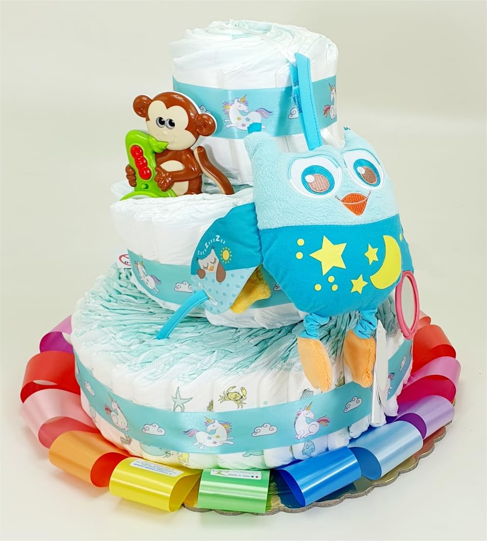 Tarta de pañales de 3 pisos multicolor Owl con 68 pañales (48 tamaño 3/6 kg + 20 tamaño 4/9 kg)